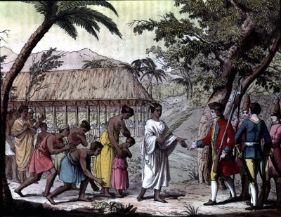 Mottagande av navigatören Samuel Wallis av drottning Oberea på Tahiti. "" Navigations of Cook", Milano av Unknown artist