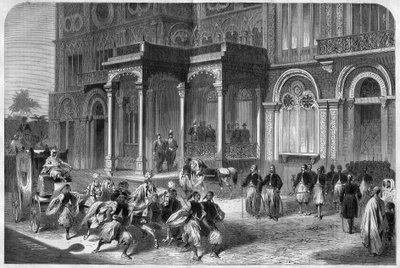 Mottagning av Egyptens vice kung Ismail Pasha (1830-1895), av generalkonsuln för Nordtysklands förbund. Gravyr i "" The Illustrious Universe"" av Unknown artist