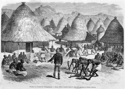 Mottagning av Dr. Livingstone av Tchitapanngoua - "" Livingstones sista resa 1866-1873"" i "" Jorden runt", 2:a sem. 1875 av Unknown artist