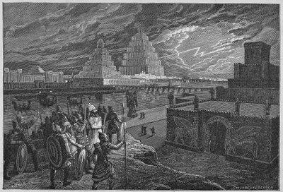 Återuppbyggnad av templen och palatsen längs Babylons flod - Mesopotamien: återuppbyggnad av staden Babylon, byggd under kung Nebukadnessar II:s regering. av Unknown artist