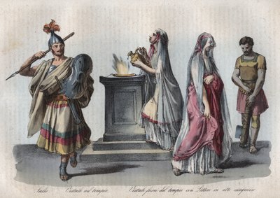 Religion i det antika Rom - Salii (hoppande präster) och vestaler eller vestala jungfrur - gravyr från "" seder hos alla folk i universum. Det är historien om regeringen, om lagarna, om milisen, om religionen för alla nationer från de mest avlägsna av Unknown artist