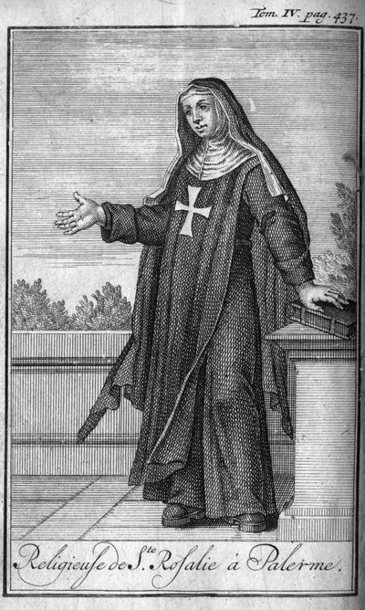 Religiös ordning. Religiös av Saint Rosalia i Palermo på Sicilien på 1600-talet. I "" Historien om militära order eller riddare, om de säkra och rutinmässiga miliserna av båda könen, som har etablerats fram till nu. Upplagan hämtad från Abbe Giustiniani, av Unknown artist