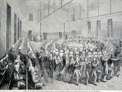 Religiös procession av Shakers i New York. 1800-talsillustration. av Unknown artist