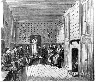 Religiöst möte för amerikanska shakers. 1800-talsgravyr. av Unknown artist