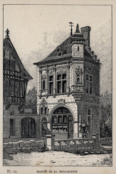 Renässanshus - gravyr från 1889 i "History of human habitation at the Universal Exhibition of 1889, by Mr Charles GARNIER - Librairie centrale des beaux-arts Paris 1889 av Unknown artist