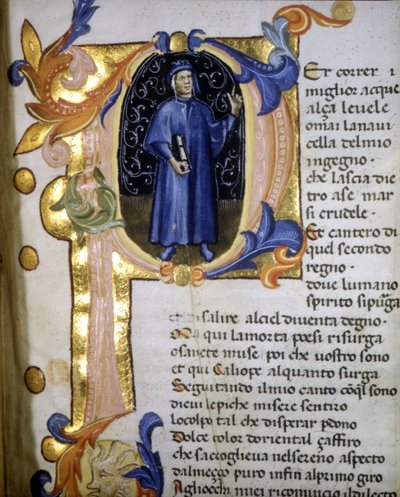 Representation i en brevskrift av poeten Dante Alighieri (1265 - 1321), 1300-tal i miniatyr. av Unknown artist