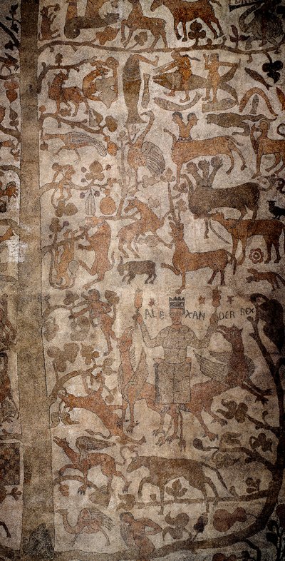 Representation av Alexander den store (356-323 f.Kr.), kung av Macedoine och erövrare av Persien, omgav den indiska faunan under erövringen av Indien, Deluge, Deucalion och Pyrrha. Trottoar av Pantaleone (eller Pantaleon av Unknown artist