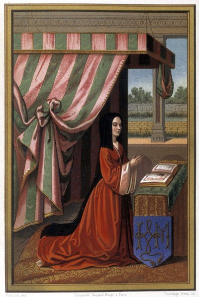 Representation av Anne de France känd som Anne de Beaujeu (1461-1522) i bön. Hon är dotter till Louis XI och Charlotte de Savoie. Kromolitografi efter belysning. av Unknown artist