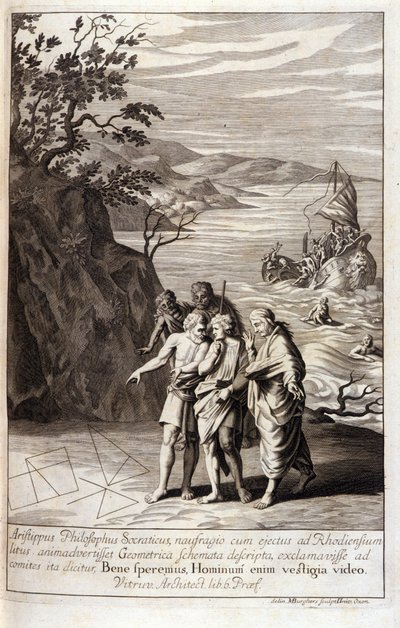 Representation av Aristipus av Cyrene (435-356 f.Kr.) Grekisk filosofs lärjunge till Sokrates, efter skeppsbrottet som kastade honom på Rhodos kust, upptäcker han geometriska spår på sanden. Gravyr från bok XV av Euklids "Element". 1591 av Unknown artist