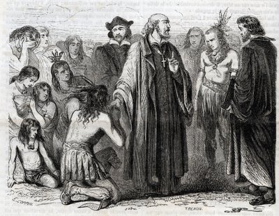 Representation av Bartolome de las Casas (1484-1566) dominikansk präst, missionär med indianerna” (Porträtt av Bartolome de las casas, dominikanermunk och indianernas beskyddare - gravyr från 1860 av Unknown artist