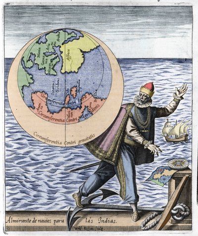 Representation av Christopher Columbus (1451-1506) - i "New Tipus After the Voyage of the New World" av Philoponus Honorius av Unknown artist