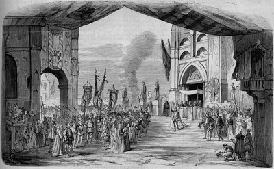 Representation av Don Carlo (Don Carlos) Opera i 5 akter av Giuseppe Verdi vid Parisoperan den 11 mars 1867. The car da fe, 3:e akten, dekor av Cambon och Thierry. Gravyr från 1867. av Unknown artist