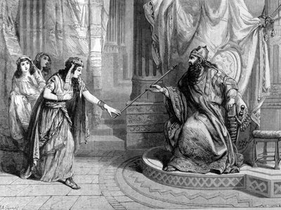Representation av Ester angående kung Assuerus 1:a spira (Xerxes 1:a). Gravyr av 1800-talet. av Unknown artist