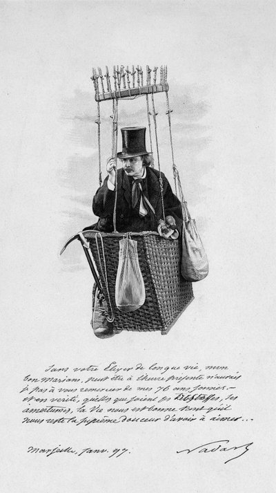 Representation av Felix Tournachon dit Nadar (1820-1910) på gondolen av en ballong. 1897 av Unknown artist