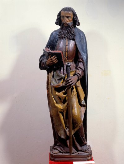 Representation av Saint Paul som håller en bok i handen. Polykrom träskulptur. 1400-talet. Chartres, Museum of Fine Arts av Unknown artist