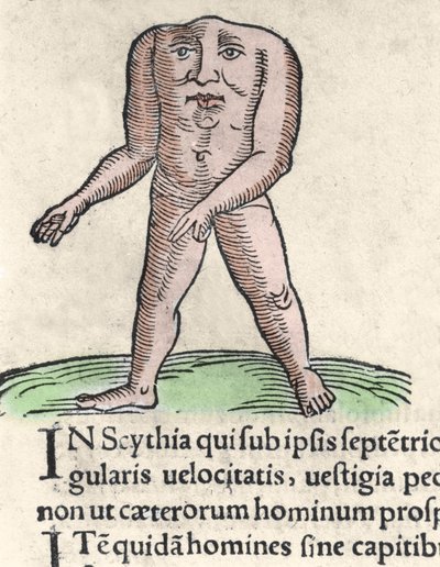 Representation av en medlem av Blemmyi-stammen i Nubien, beskriver utan huvud, utan hals och ansikte på Plinius bålen den tidigare Gravyr från "Prodigiorum ac ostentorum chronicon" av Conrad Lycosthenes (1518-1561). 1557. av Unknown artist