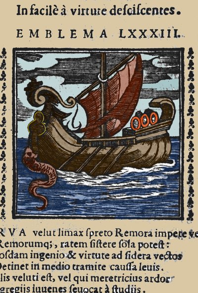 Representation av en remora som enligt berättelserna om Plinius, Saint Ambrose och Rabelais attackerade skeppen genom att fästa sin svans med en sugkopp på en sten och blockera skeppet med sin mun. Gravyr från ett 1600-talsverk av Unknown artist