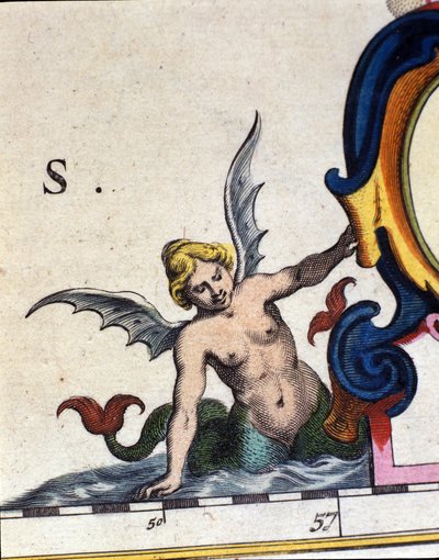 Representation av en siren ailee. Detalj av "" Atlas novus"" 1642 av Unknown artist