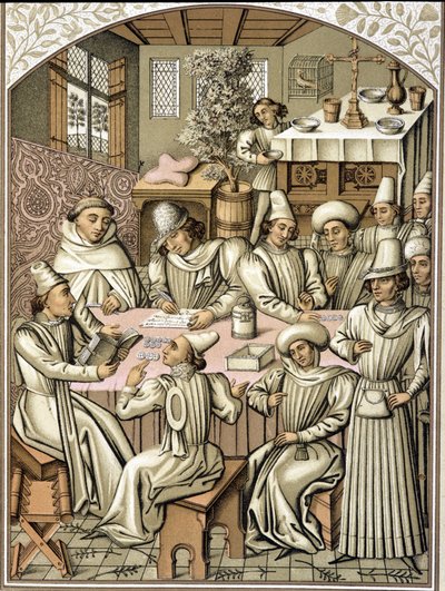 Representation av tjänstemän på 1300-talet. kromolitografi från räkenskapsboken för brödraskapet "Dio e Nostra Signora"" av Unknown artist