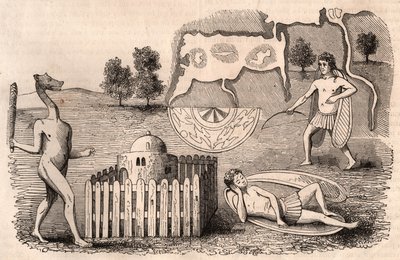 Representation av medeltida stammar och djurarter: män med långa öron, en sovande och en chimär med en mace av Unknown