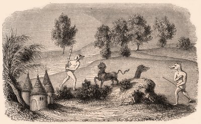 Representation av medeltida stammar och djurarter: två Cynocephalus kämpande monster av Unknown