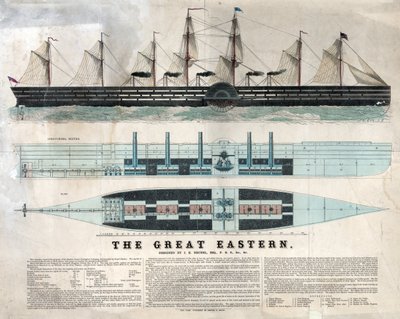 Representation av det brittiska fartyget Great Eastern, första gigantiska liner, invigt 1858 designat av Isambard Kingdom Brunel - Great eastern iron sailing steam ship designed by Isambard Kingdom Brunel - av Unknown artist