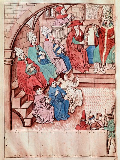 Representation av konciliet i Konstanz mellan 1414 och 1418, överst påve Martin V (Vy över konciliet i Konstanz, ca 1417) Miniatyr hämtad från "Krönikor från konciliet i Konstanz" av Ulrich Richental (1360-1437) 1438 ungefär Prag, Nati av Unknown artist