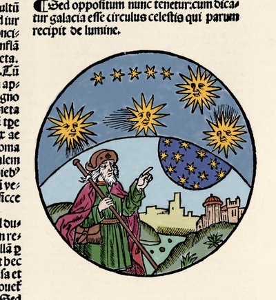 Representation av den grekiske filosofen Aristoteles (384-322 f.Kr.) som indikerar stjärnorna. Gravyr från fysikens vandring "" Aristoteles förkortade text om de åtta böckerna i fysik och hela naturfilosofin "" av Thomas Bricot (d. 1516). 1496 av Unknown artist