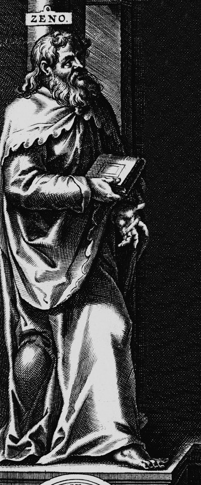 Representation av den grekiske stoicistiske filosofen Zenon (Zeno) de Citium (eller Kition) (335-262 f.Kr.)"" Gravyr från frontispicen på "Philosophical Works" av Seneque av Unknown artist