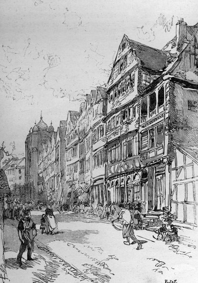 Representation av den judiska gatan i Frankfurt, födelseplatsen för familjen Rothschild. Gravyr i ""The Illustrous World"" av Unknown artist