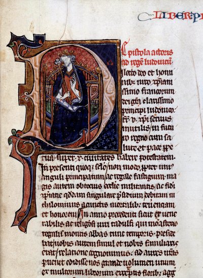 Representation av kungen av Frankrike Saint Louis (eller Ludvig IX) (1214-1270). Miniatyr hämtad från "" The mirror of History"" (Speculuum Historiale) av Vincent de Beauvais (1190-1267), Dijon, Stadsbiblioteket av Unknown artist
