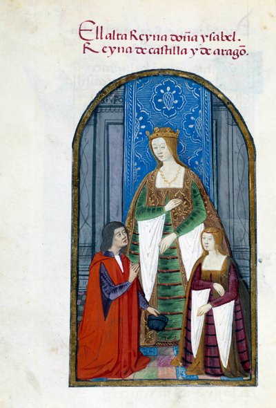 Representation av drottningen av Spanien Isabella den katolska (1451-1504), hennes dotter Jeanne Iere the Folle (1479-1555) och Pedro Marcuello. Manuskriptsida hämtad från "" Collection of devotion of Queen Joan the Folle (1479-1555) of Spain"" av Pedro Ma av Unknown artist