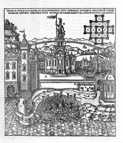 Representation av antikens sju underverk: Mausolee of Halikarnassus som låg vid Egeiska havet i sydvästra Turkiet. Gravyr i "" de Architectura""" av Vitruva (1:a århundradet f.Kr.) - upplaga av Gottardo da Ponte, Come av Unknown artist