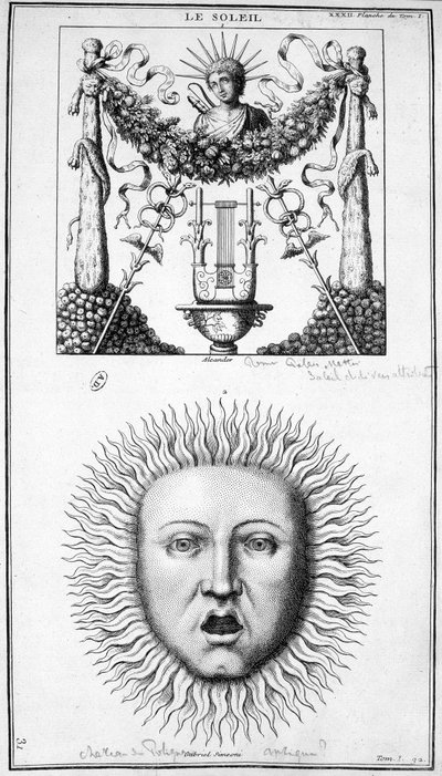 Representation av solen. Bilder hämtade från antika representationer. Gravyr 1800-talet. av Unknown artist