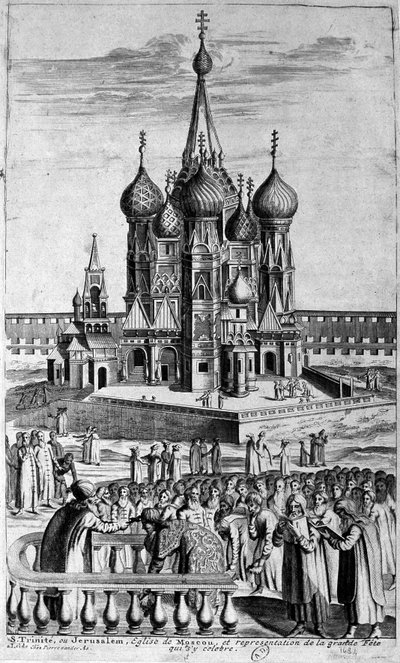 Representation av Treenighetskyrkan i Moskva i en gravyr från 1600-talet. av Unknown artist