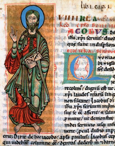Representation av aposteln Sankt Jakob den stora miniatyren hämtad från "Codex Calixtinus" (boken av Sankt Jakob), cirka 1140. Fol. 4. Arkiv för katedralen i Santiago de Compostela (Santiago de Compostela), Spanien av Unknown artist