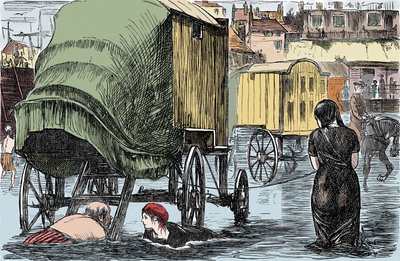 Representation av badstugan som uppfanns 1750 av Benjamin Beale: kvinnor inne kommer åt havet direkt från denna hästdragna vagn. Humoristisk teckning från "Punch Magazine" 1870 av Unknown artist