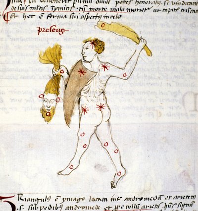 Representation av stjärnbilden Bouvier (Botes) Jägaren Botes håller Berenices hår i sin hand. Miniatyr från "Astronomica" av Biasino da Parma (Blaise de Parma) (1425-1457) av Unknown artist