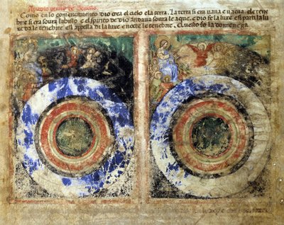 Representation av världens skapelse. Genesis. Miniatyr från codex 212 (eller padovano codice eller Bible of Padua) 1390-1400 Rovigo, Accademia dei Concordi av Unknown artist