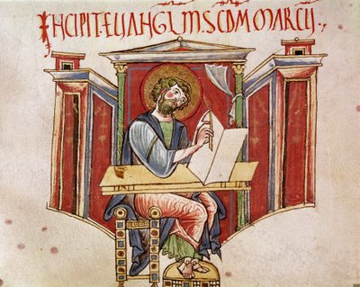 Representation av evangelisten Sankt Markus miniatyr från ett manuskript av benediktinermunkarna "Liber evangeliarum"" 1000- eller 1100-talets Biblioteca Vallicelliana Rom av Unknown artist