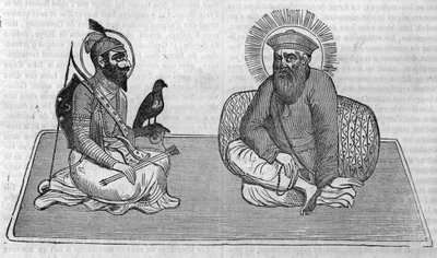 Representation av grundarna av sikhismen (eller sikhisk religion): Guru Nanak (1469-1539) och Guru Gobind Singh (1666-1708). I "" Le magazin pittoreska"" 1836 av Unknown artist