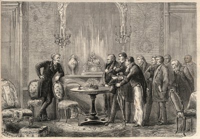 Representation av pjäsen "" Mercadet"" (Le Faiseur) av Honore de Balzac (1799-1850) på Comedie Francaise. Akt III, Scen VI. Gravyr i "" L