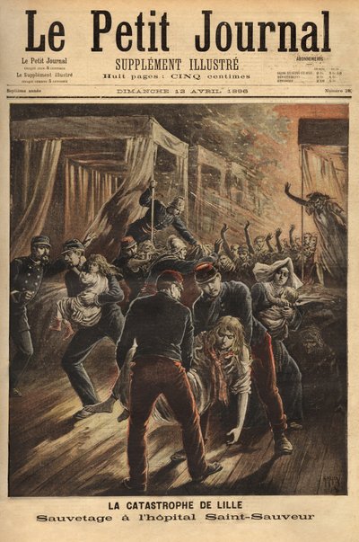 Räddning vid Saint Saviour-sjukhuset i Lille eller en brand härjade de tre äldsta monumenten i staden, kyrkan, det gamla tornet och sjukhuset. Gravyr i "" Le petit journal"" 1896-04-12. Selvas samling. av Unknown artist