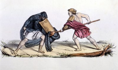 Resiario och Mirmillone. 1800-talsgravyr. av Unknown artist
