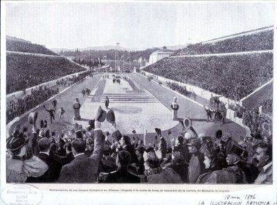 Restaurering av de olympiska spelen i Aten: ankomst av Lues, maratonvinnare av Unknown artist