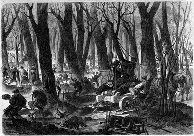Restaureringsarbeten i Tuilerierna i Paris. Gravyr i "" L