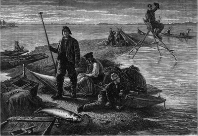 Återgång av laxfiske vid Rhens stränder. Gravyr i journalen ”La jeunesse av Unknown artist