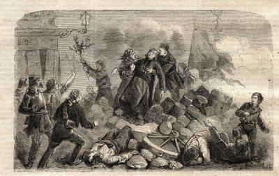 Revolution 1848: "" Archeveque Monsignor Denis Affre (1793-1848) på Barrikaden Faubourg Saint Antoine i Paris 26/06/1848 (Do o mon dieu que mon sang be le dernier vers) (Döden Denis Affre ärkebiskop av Paris av barrikad vid infarten till t av Unknown artist