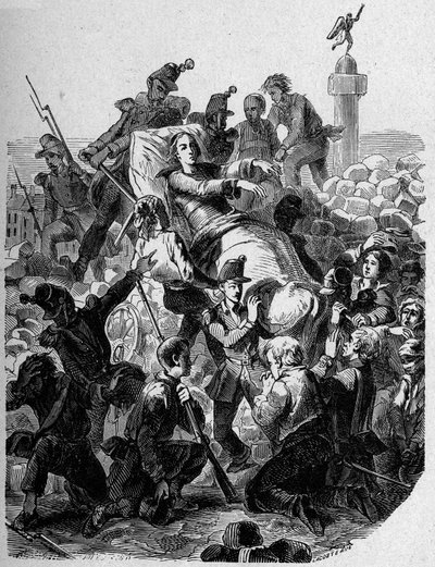 Revolution 1848: "" Ärkebiskopen Denis Affre (1793-1848) sårar och bär på en bår 1848." av Unknown artist