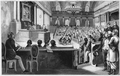 Revolution i Wien 1848 - Mötet för den första österrikiska konstituerande församlingen (Reichs Versammlung), juli 1848, på spanska ridskolan i Wien, Österrike. av Unknown artist